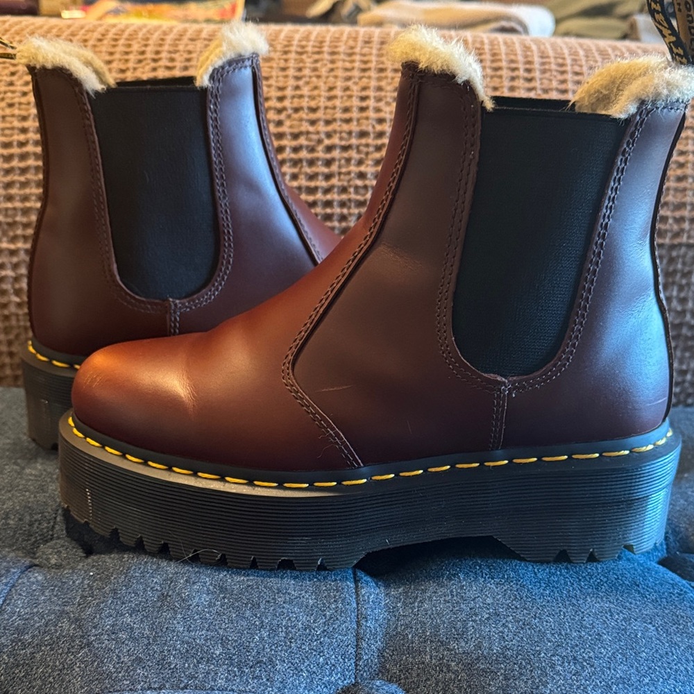Dr. Martens Burgundy Chelsea Boots with Yellow Stitching